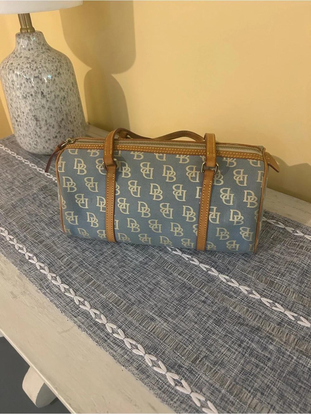 Dooney & Bourke Light Blue Signature Canvas Shoulder Bag with Tan Trim